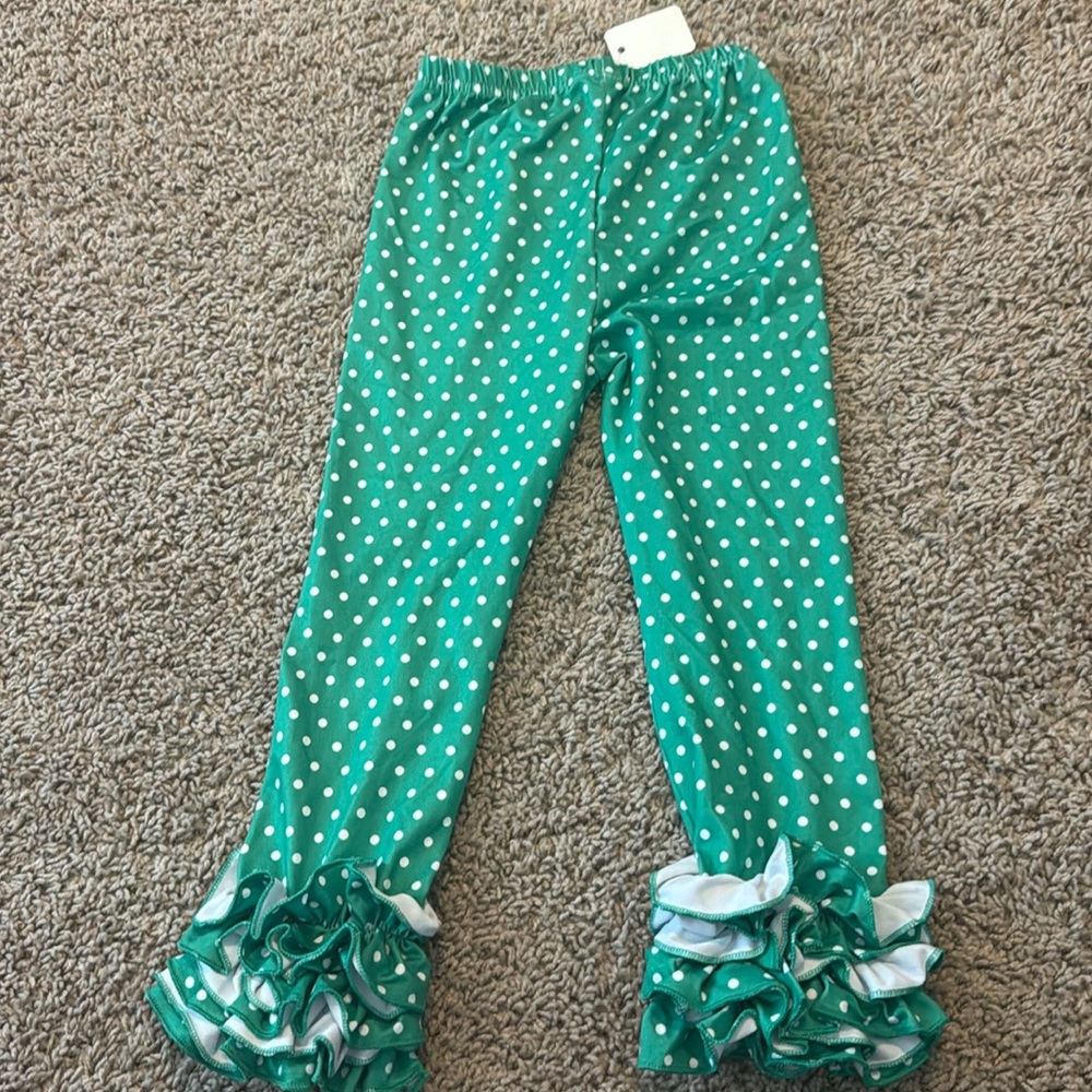 Green and white dot ruffle pants